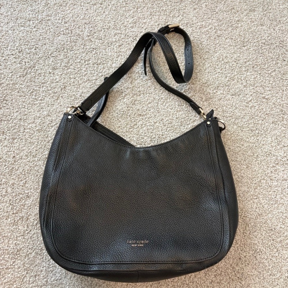 Kate Spade New York Black Pebbled Leather Hobo Shoulder Bag Gold Hardware